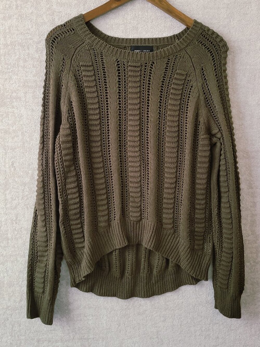 Romeo & Juliet Couture Olive Green Open Knit High Low Pullover Sweater Large